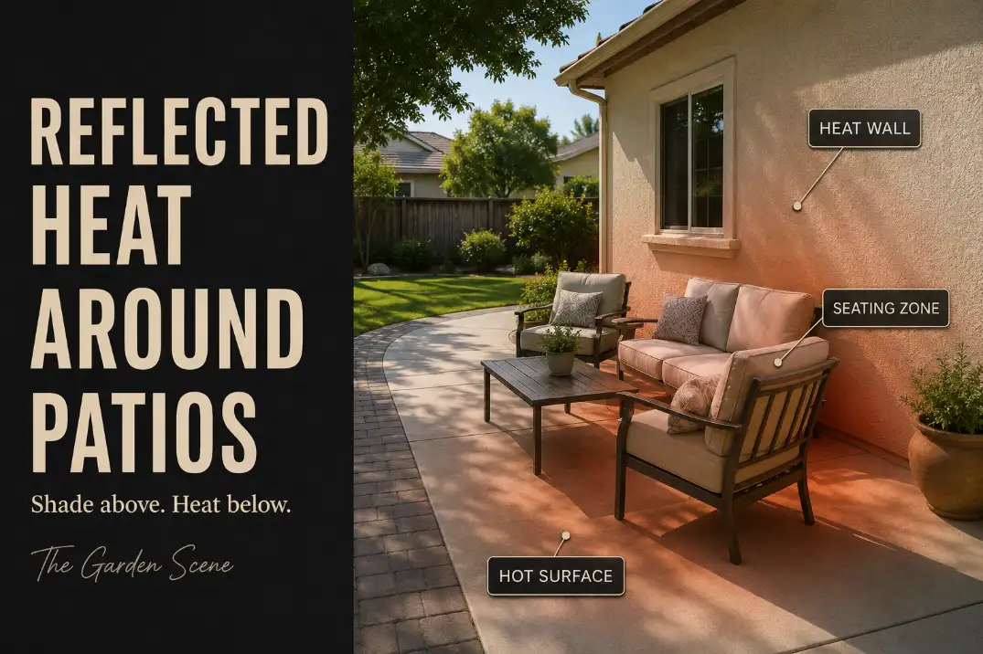 Reflected heat around a patio with a light wall, hot hardscape surface, and seating placed inside the heat zone.