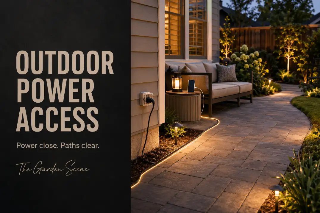 Outdoor power access ideas for a patio showing a wall outlet, side-table charging spot, lighting, and a cord routed away from the walking path.