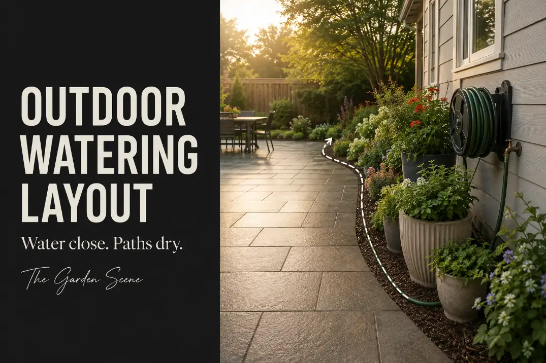 Outdoor watering layout with hose reel, grouped patio containers, planting bed, and a hose route kept off the walkway.