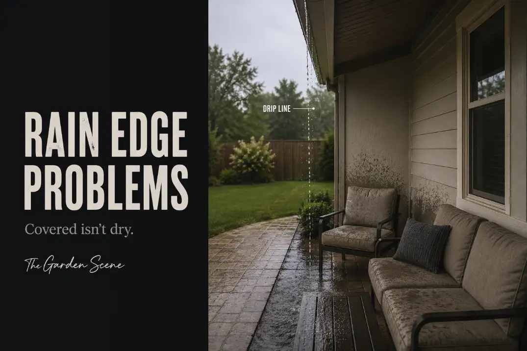 Rain edge problem on a backyard patio with roof runoff falling into a wet drip line near outdoor seating.