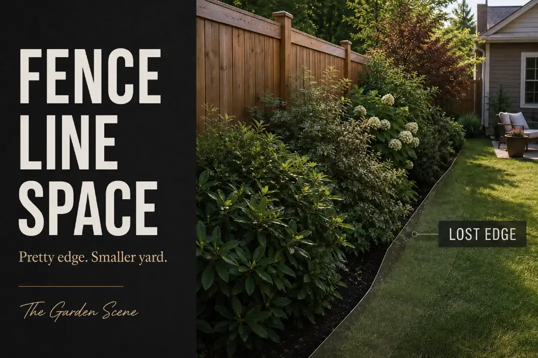 Fence line landscaping with shrubs growing too far forward and shrinking the usable lawn edge.