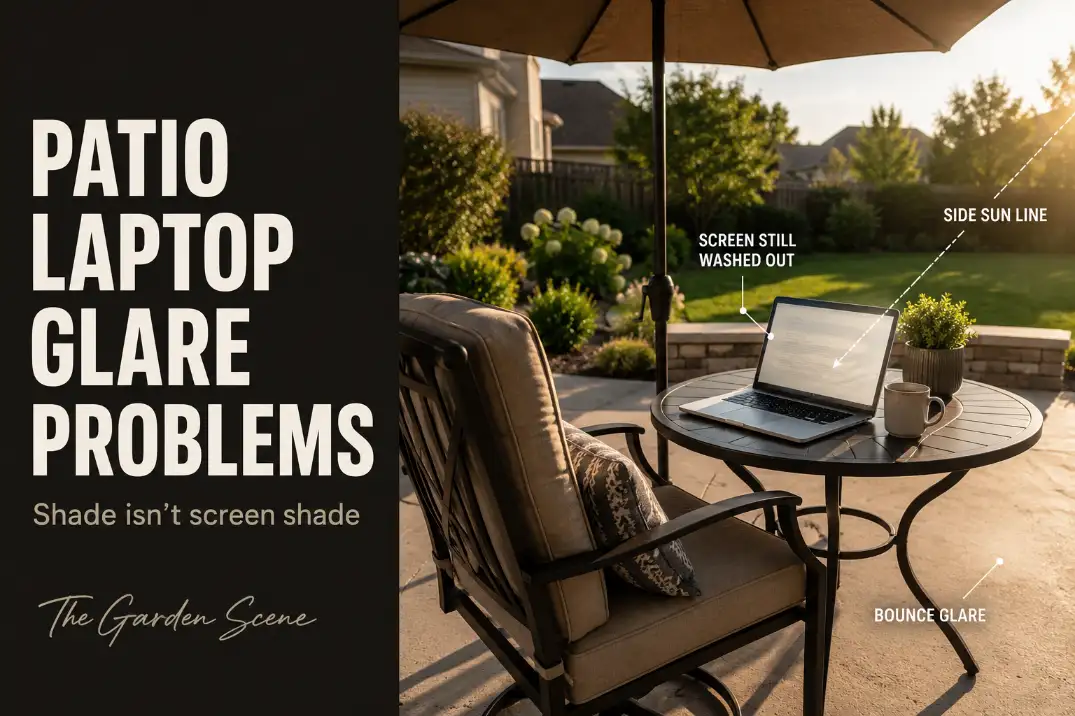Patio laptop glare problem with a shaded chair but side sun and pale concrete reflection washing out the screen.