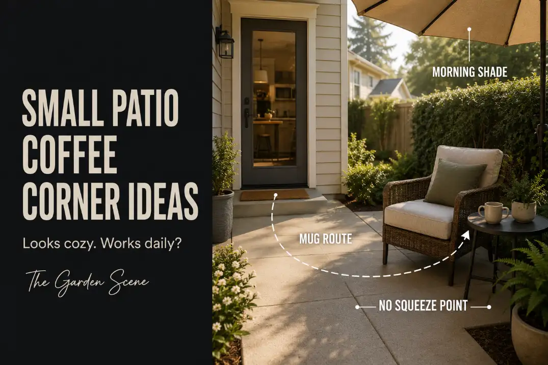 Small patio coffee corner beside a back door showing a clear mug route, morning shade, and a compact table.