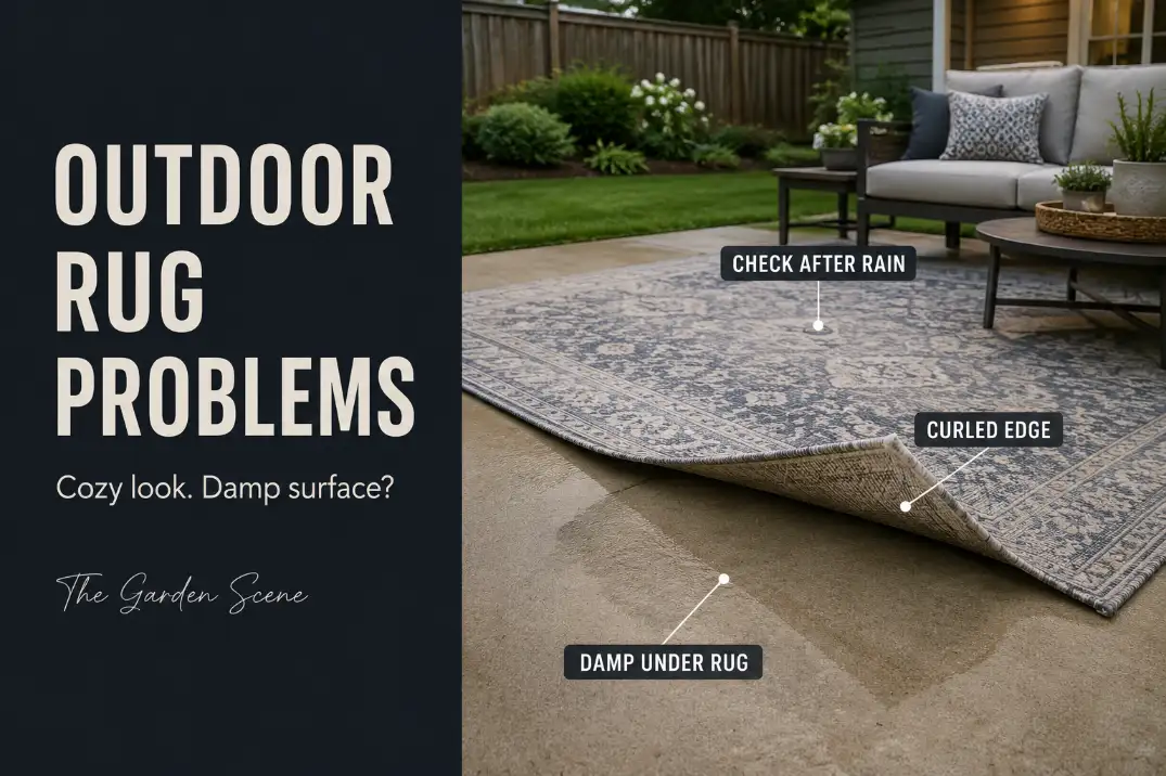 Outdoor patio rug lifted at one corner showing damp concrete and a curled edge after rain.
