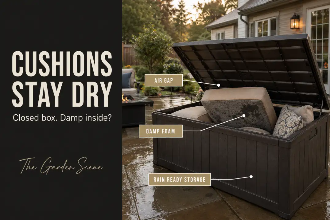 Outdoor cushions stored loosely in a patio deck box after rain showing damp foam and airflow space inside cushion storage.