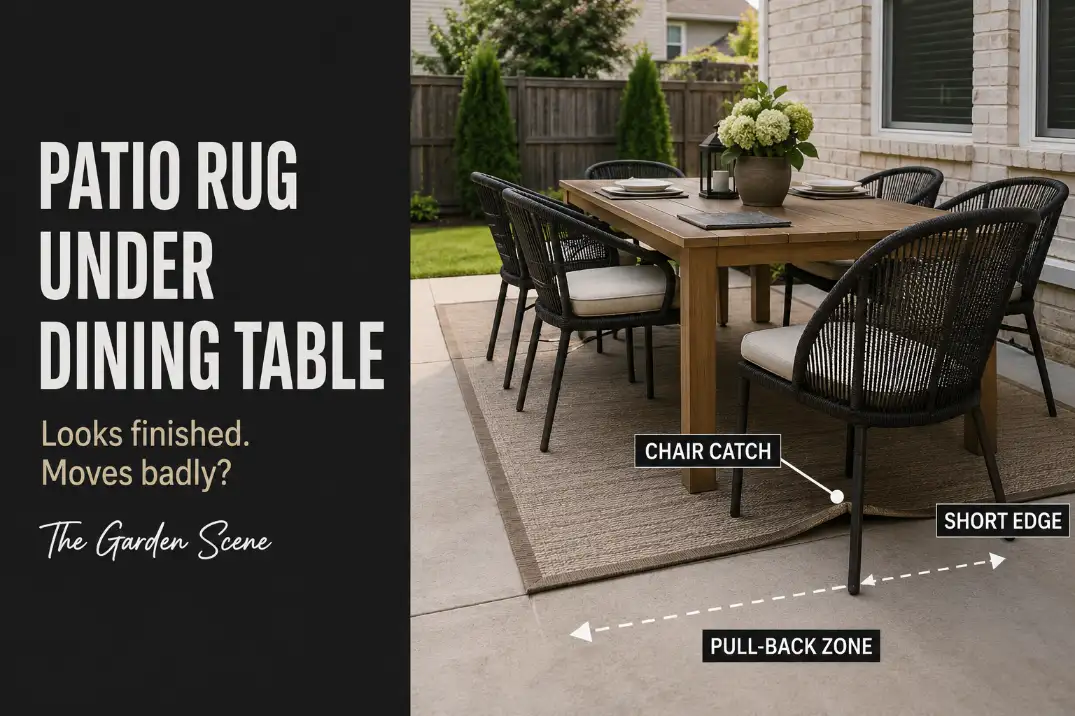 Outdoor patio dining table on a rug with a chair catching the short rug edge in the pull-back zone.