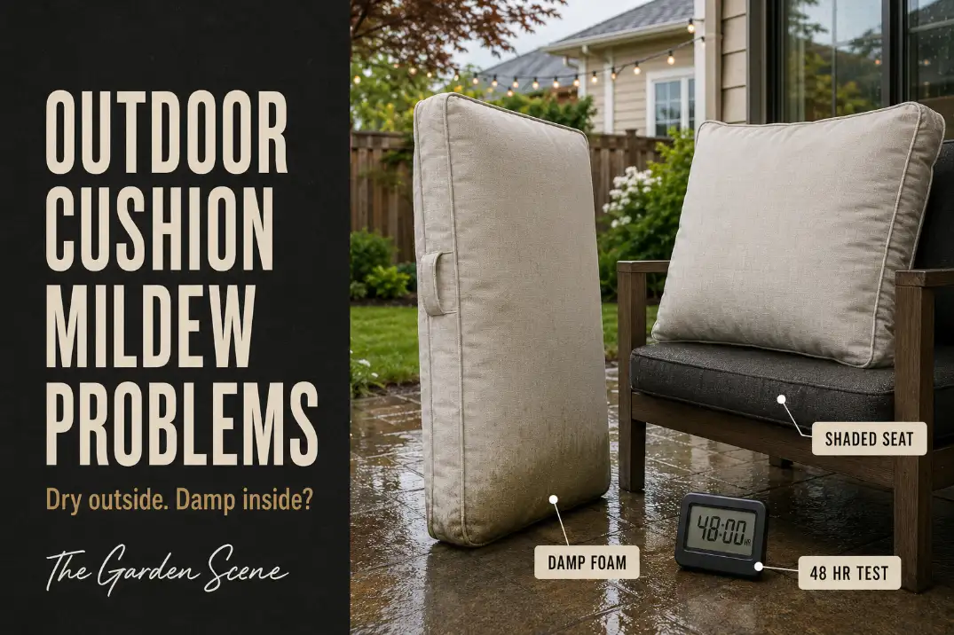 Outdoor patio cushions after rain showing damp foam, shaded seat conditions, and a 48 hour test for mildew problems.