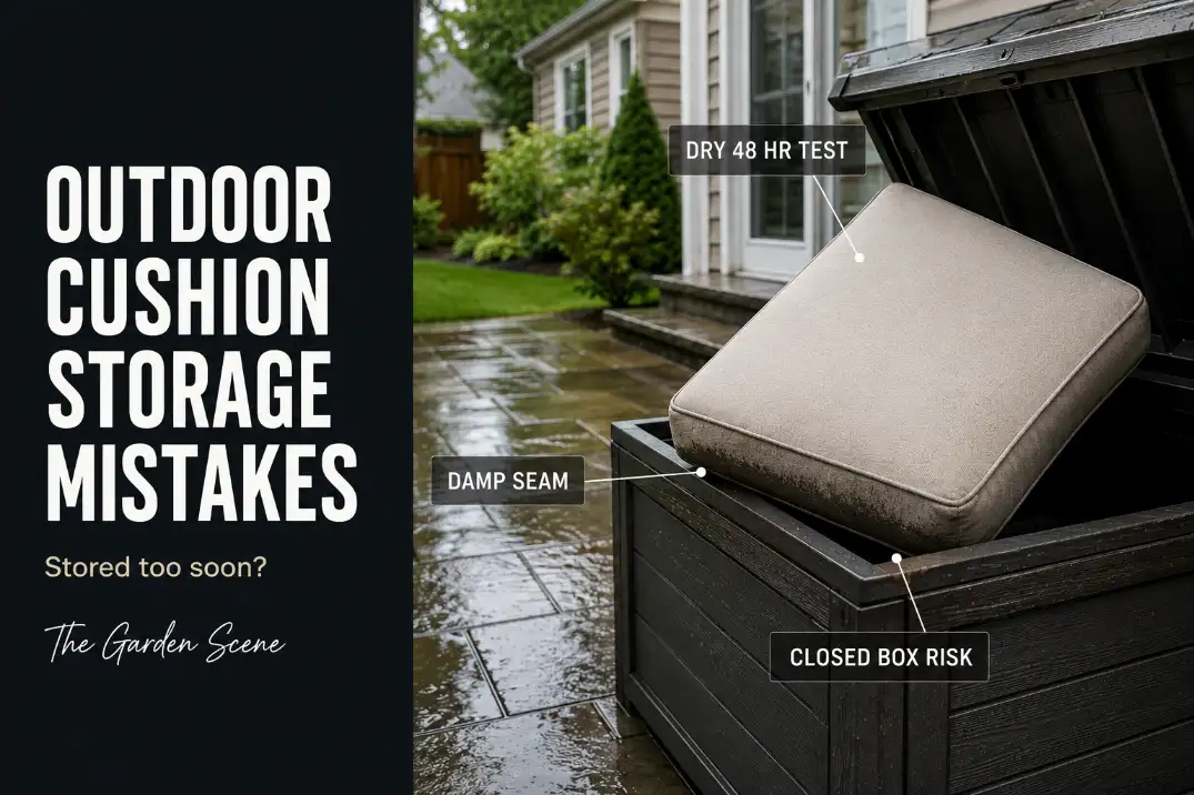 Outdoor cushion halfway lowered into a deck box after rain with a damp lower seam before storage.