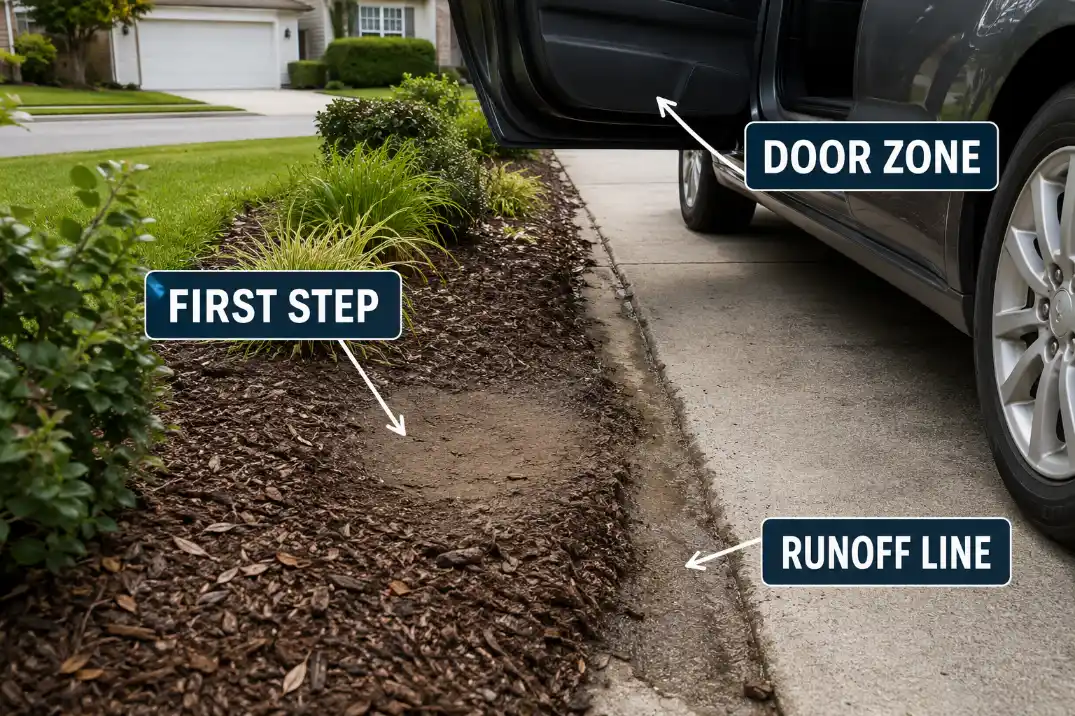Driveway edge showing first-step wear, car door clearance pressure, and a runoff line beside the concrete.