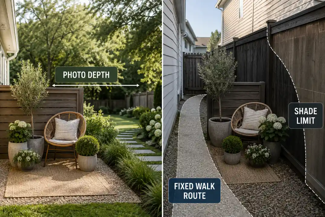 Comparison of a spacious garden inspiration photo and a real narrow backyard with fixed walking route and shade limits.