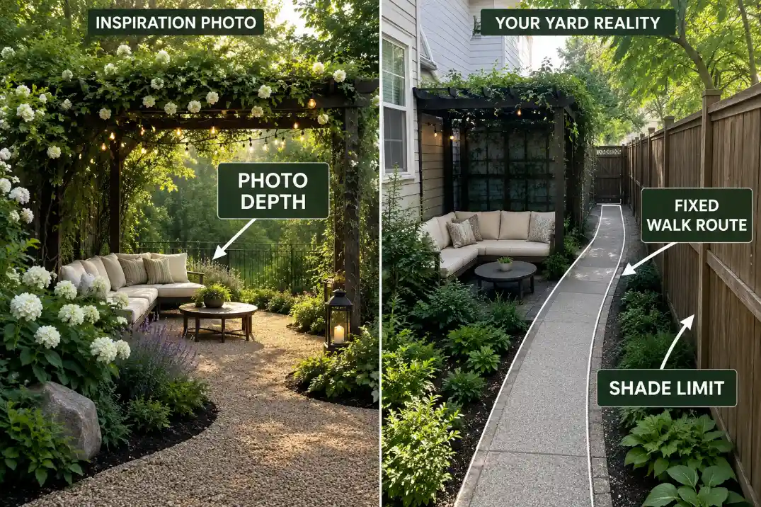 Comparison of a garden inspiration photo with open depth beside a real narrow backyard corner limited by walkway route and shade.