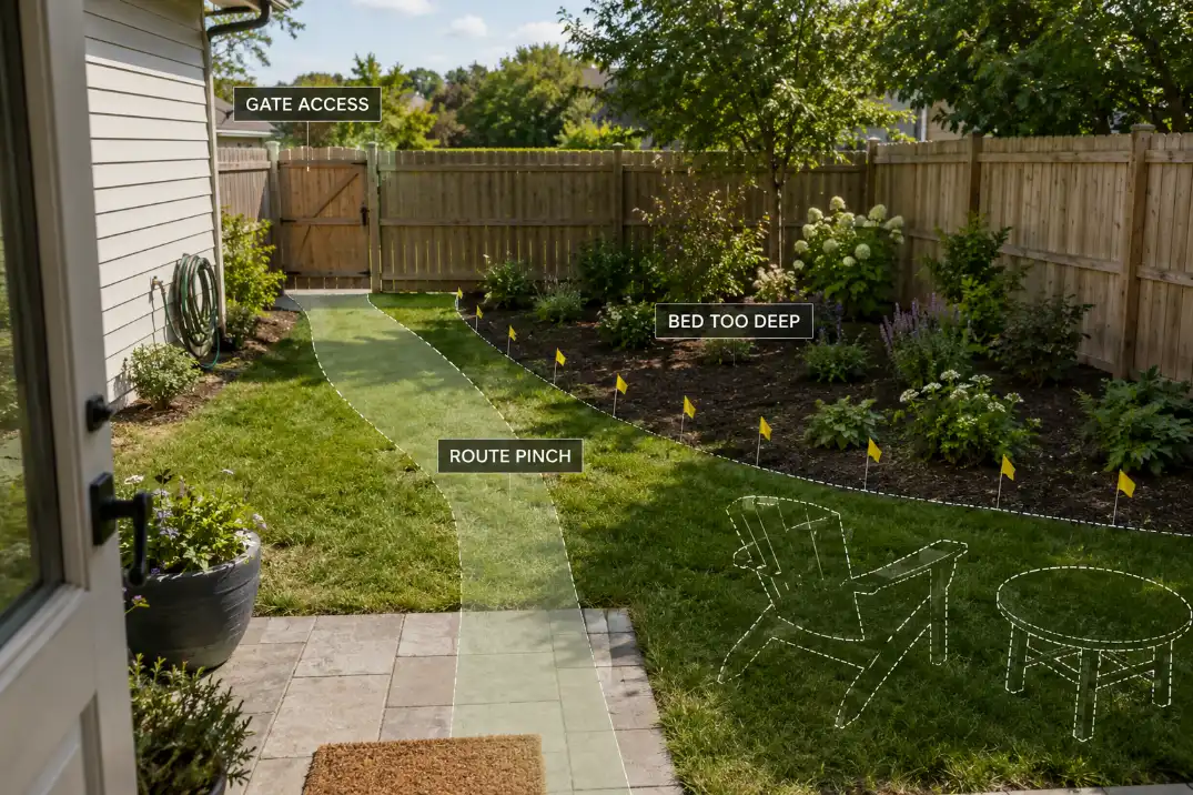 Backyard garden layout with a curved planting bed narrowing the route from the back door to the side gate.