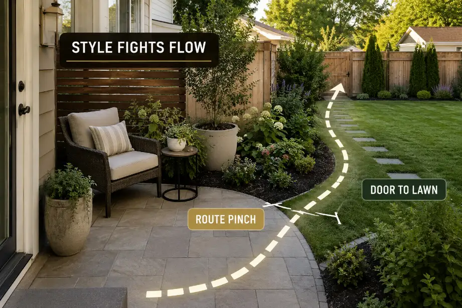 Copied backyard inspiration seating layout squeezing the natural route from the back door to the lawn.