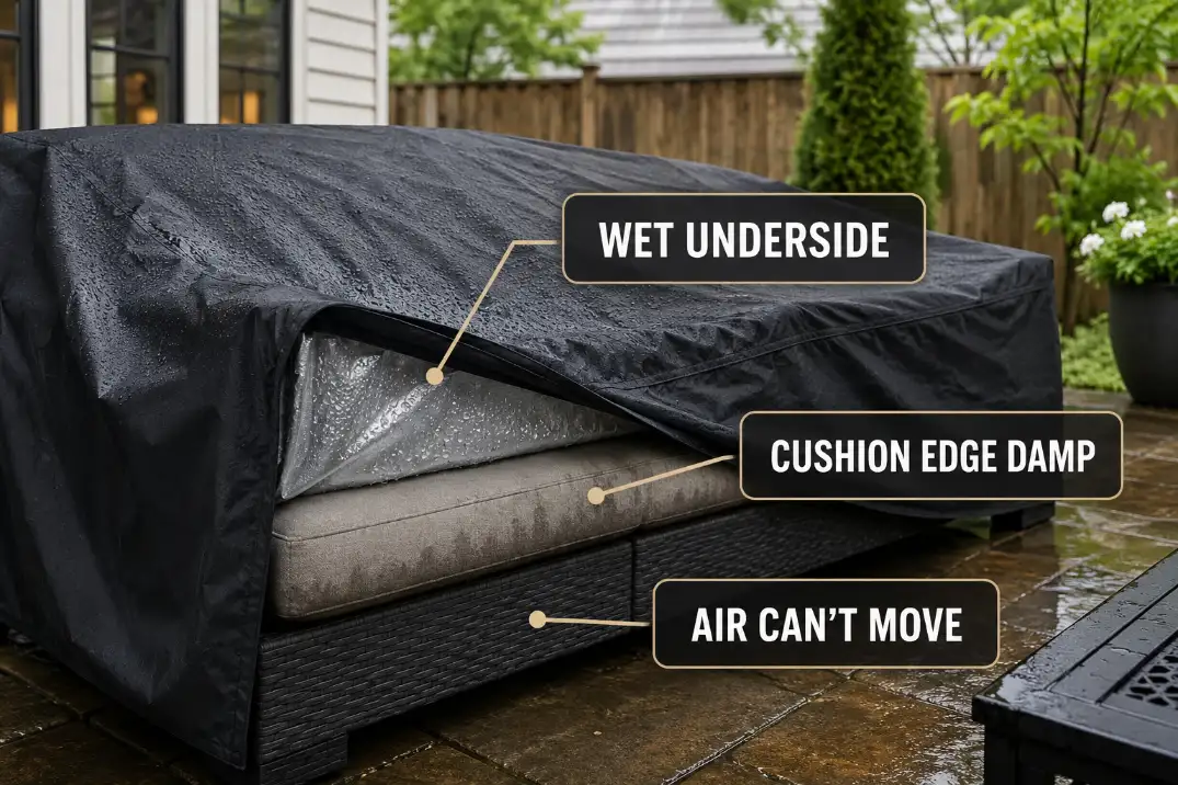 Patio sofa cover lifted to show condensation and damp cushion edges trapped under a tight outdoor furniture cover.