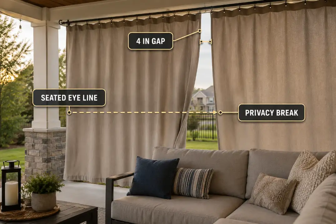 Outdoor patio curtain blowing open with a four inch side gap that exposes the seated eye line.