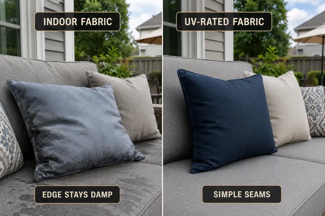 Comparison of indoor-style patio pillows with damp faded edges versus UV-rated outdoor pillows with simple seams and firmer shape.