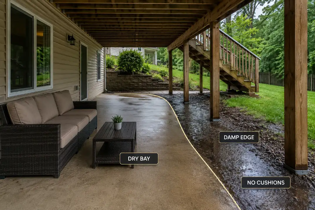Under deck area after rain showing a dry protected bay and a damp outer edge where cushions should not go.