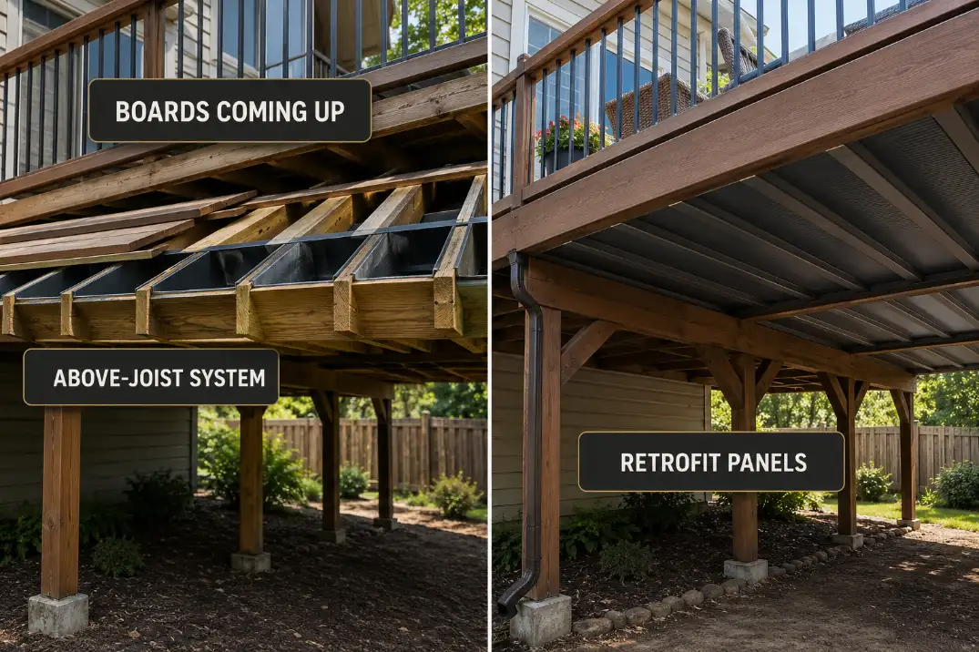 Comparison of above-joist under-deck drainage for a rebuilt deck and under-joist drainage panels for an existing deck retrofit.
