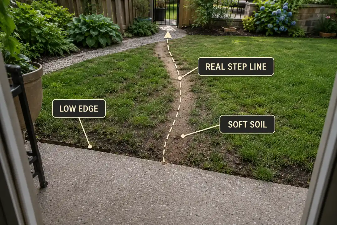 Concrete patio edge meeting lower lawn with a highlighted real step line and soft soil at the outdoor surface transition.