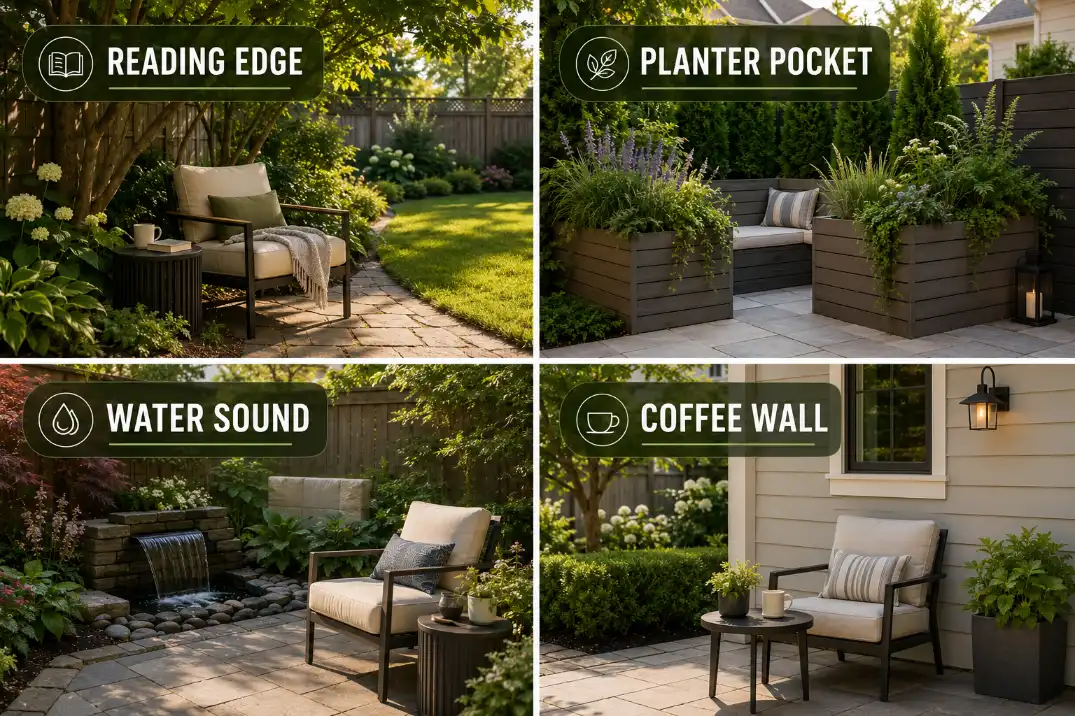 Four outdoor quiet zone ideas showing a shaded reading edge, planter privacy pocket, water-sound corner, and house-wall coffee seat.