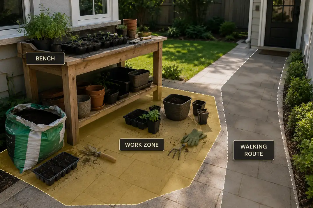 Outdoor potting bench on a patio with an overlay showing the larger work zone and nearby walking route.