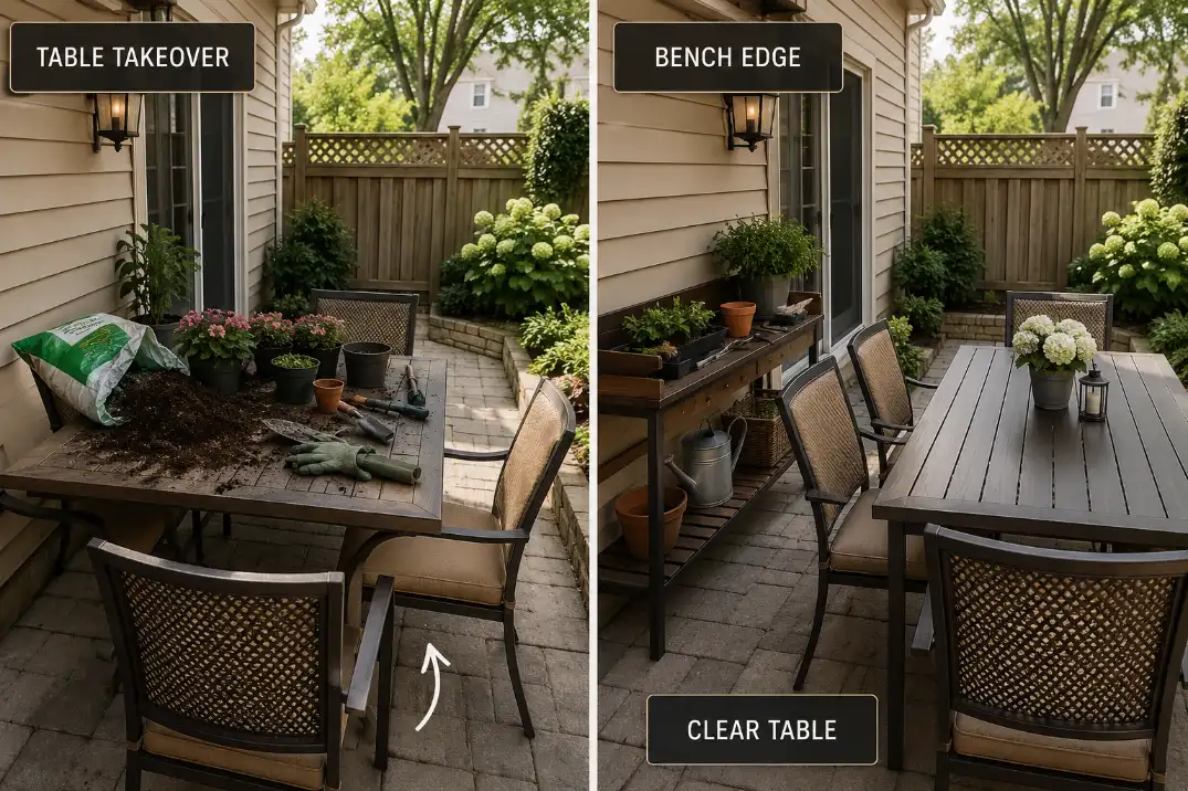 Comparison of a small patio table covered with potting supplies versus a narrow bench keeping the table clear.