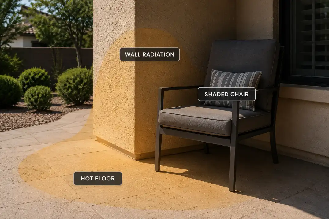 Shaded patio chair near a pale wall and hot floor showing reflected heat entering the seating area.