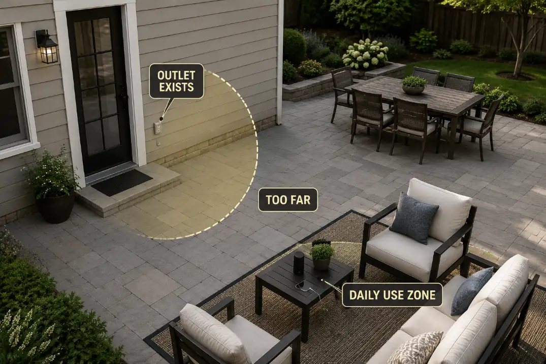 Patio power access diagram showing an exterior outlet too far from the daily-use seating zone.