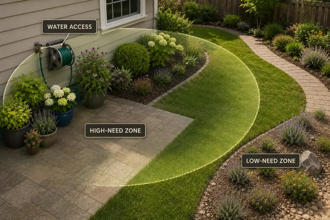 Backyard watering layout diagram showing high-need plants close to the faucet and low-need plants farther away.