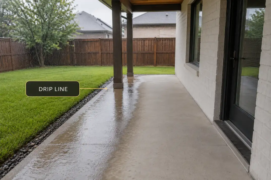 Covered patio edge with a narrow wet drip line below the roof where people step out from the back door.