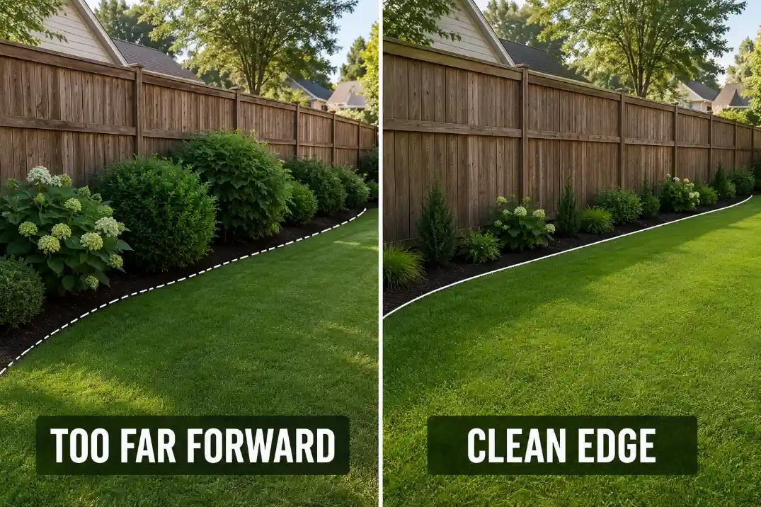 Comparison of fence line shrubs planted too far forward versus a cleaner edge that keeps more usable lawn open.