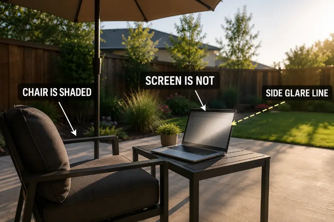 Outdoor laptop on a patio where the chair is shaded but the screen still catches side glare.