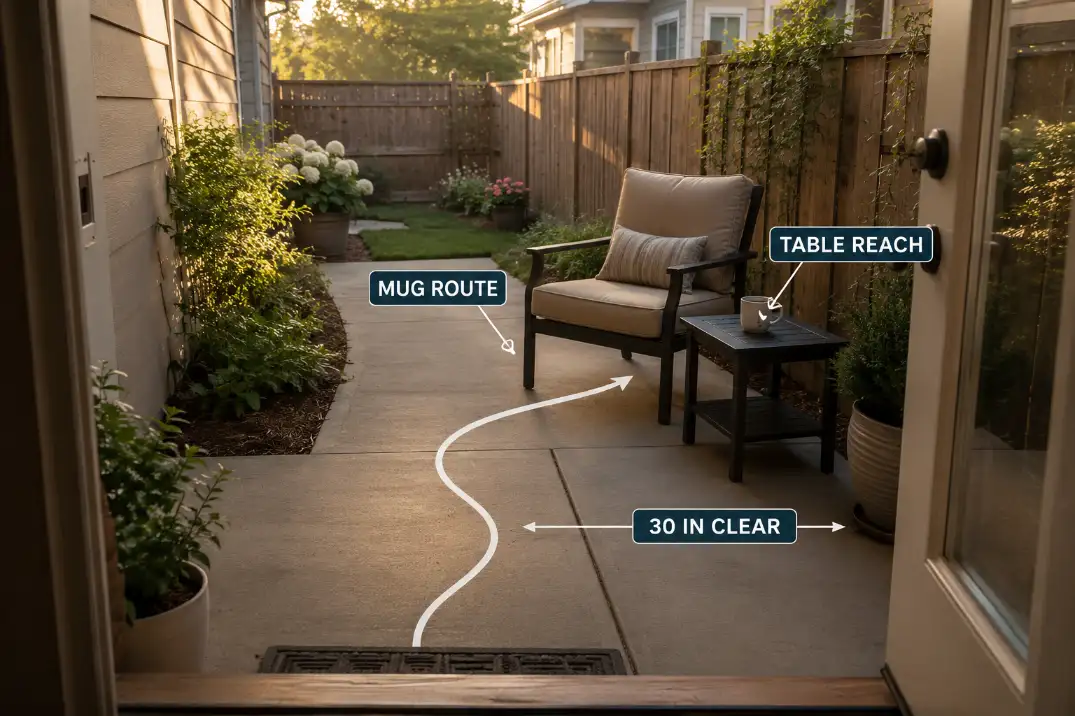 Small patio coffee corner showing a clear mug route from the back door, 30 inch walking space, and reachable table.