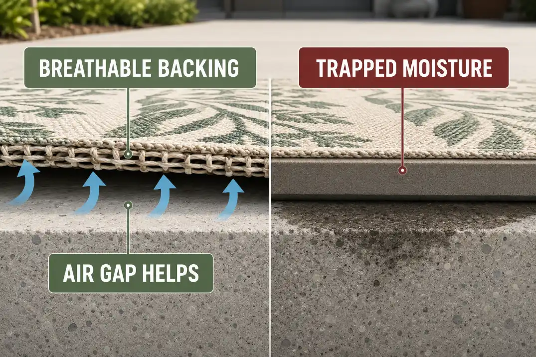 Diagram comparing breathable outdoor rug backing with dense backing that traps moisture against a concrete patio.