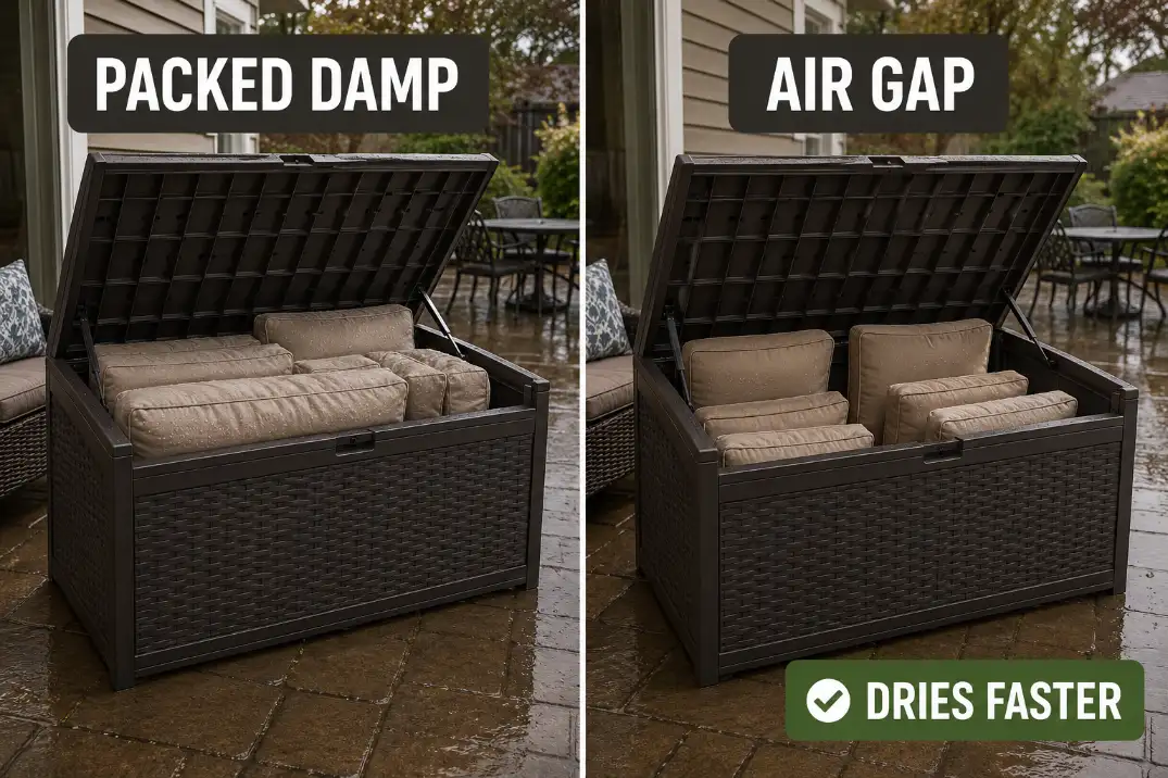 Comparison of tightly packed damp outdoor cushions versus loosely stored cushions with air gaps inside a patio deck box.
