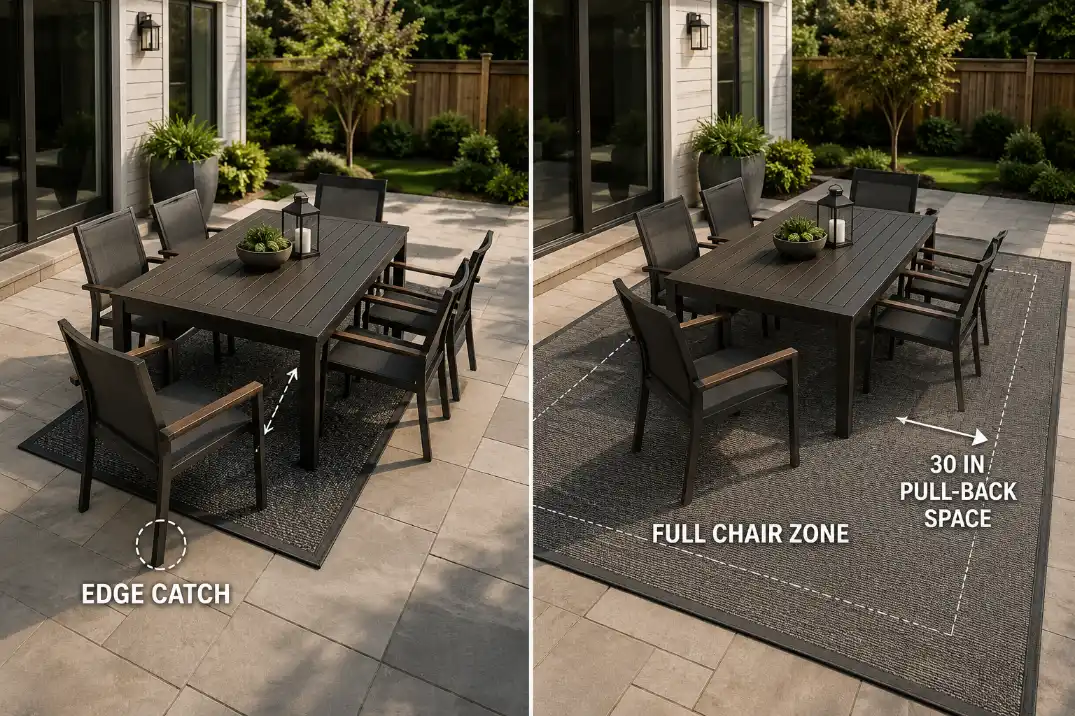 Comparison of a patio dining rug that catches rear chair legs at the edge versus a larger rug with full chair pull-back space.