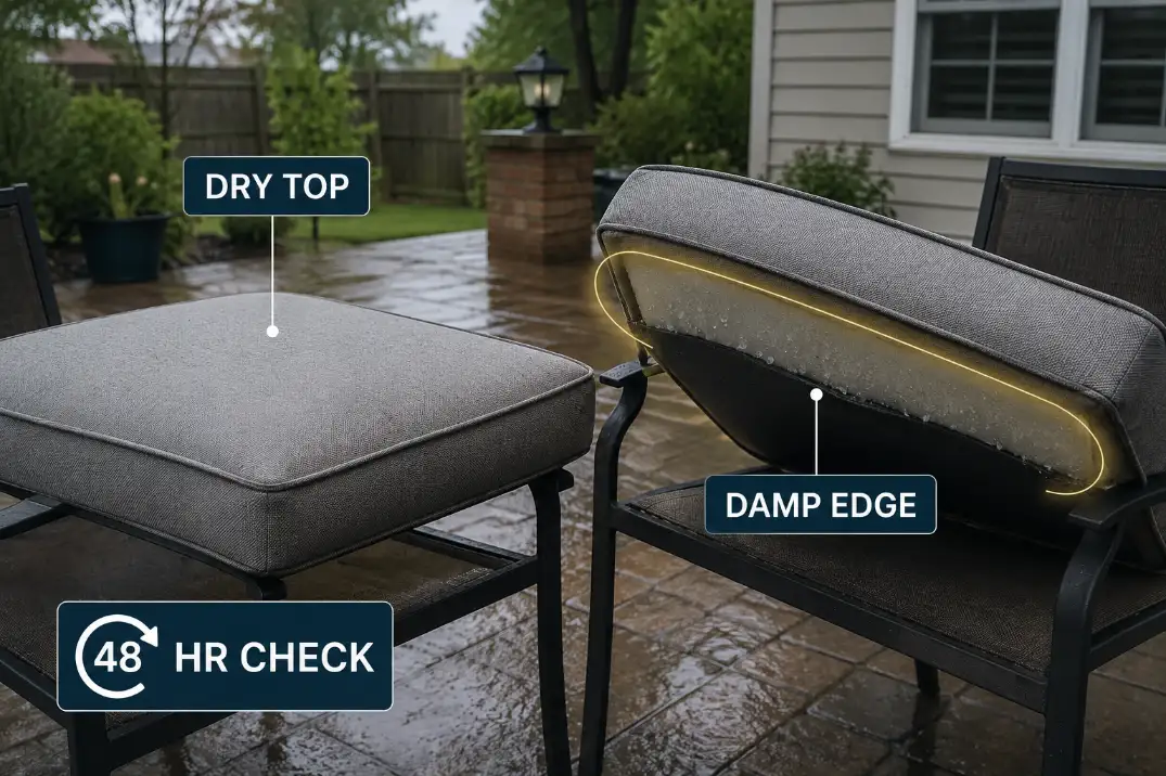 Outdoor patio cushion lifted after rain showing dry top fabric but damp lower edge during a 48 hour mildew check.