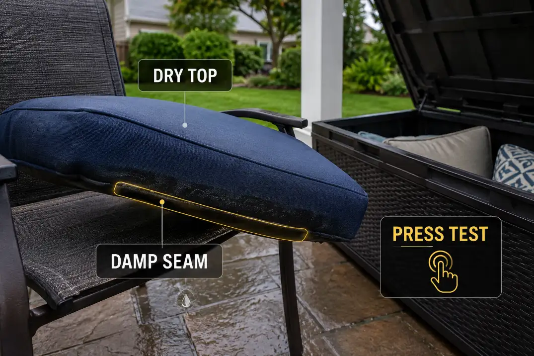 Outdoor cushion lifted from a patio chair showing a dry top but damp lower seam before storage.