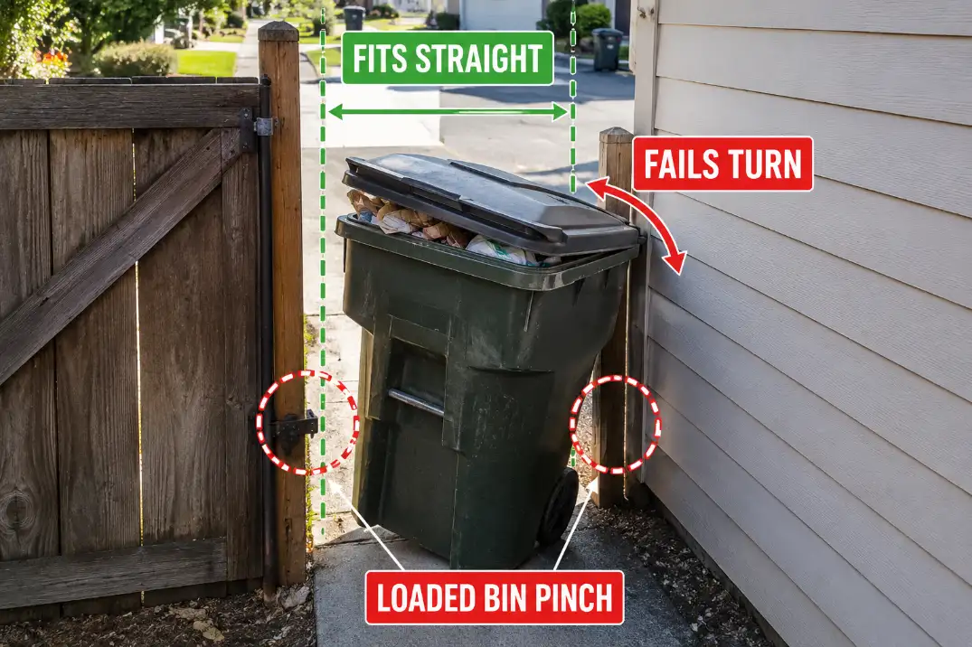 Loaded trash bin fitting straight through a side yard gate but failing the turn because the latch post pinches the route.