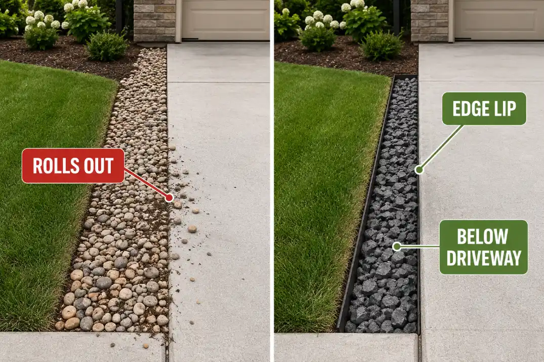 Comparison of loose driveway edge gravel spilling onto concrete versus a recessed contained strip with a firm edge lip.