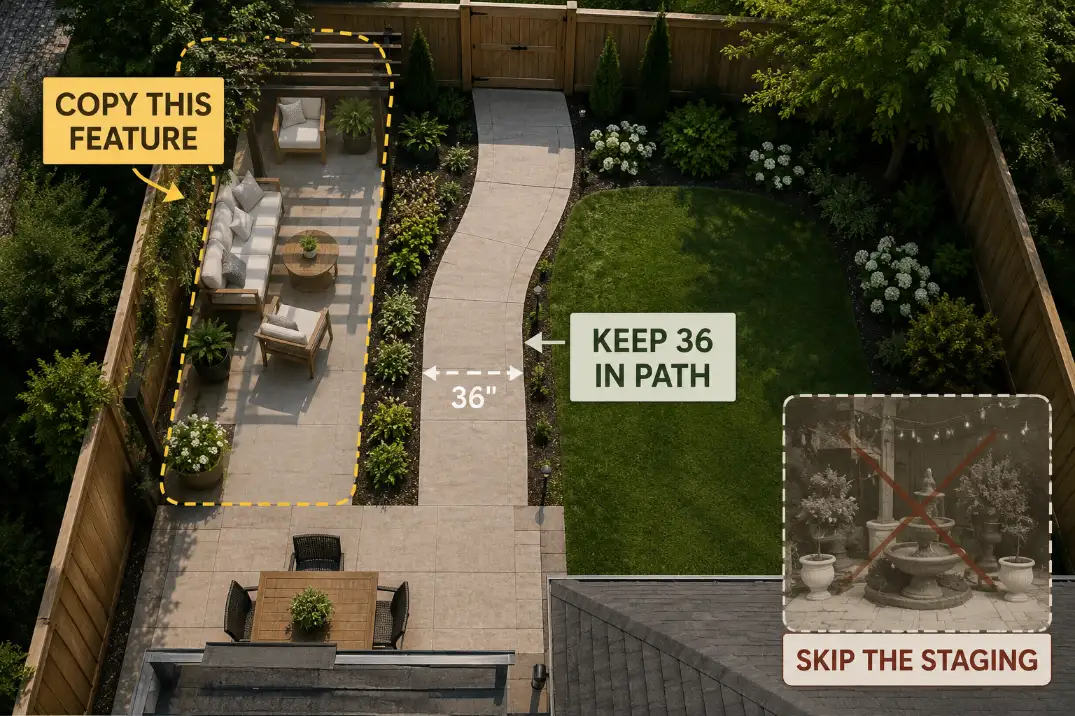 Overhead garden planning diagram showing a copied shaded seating feature while preserving a 36-inch walking path.