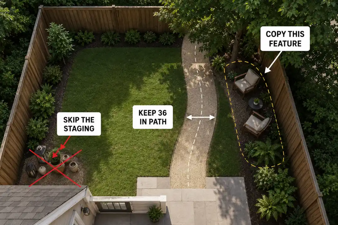 Overhead backyard planning diagram showing how to copy a shaded seating edge while keeping a 36-inch walking route open.