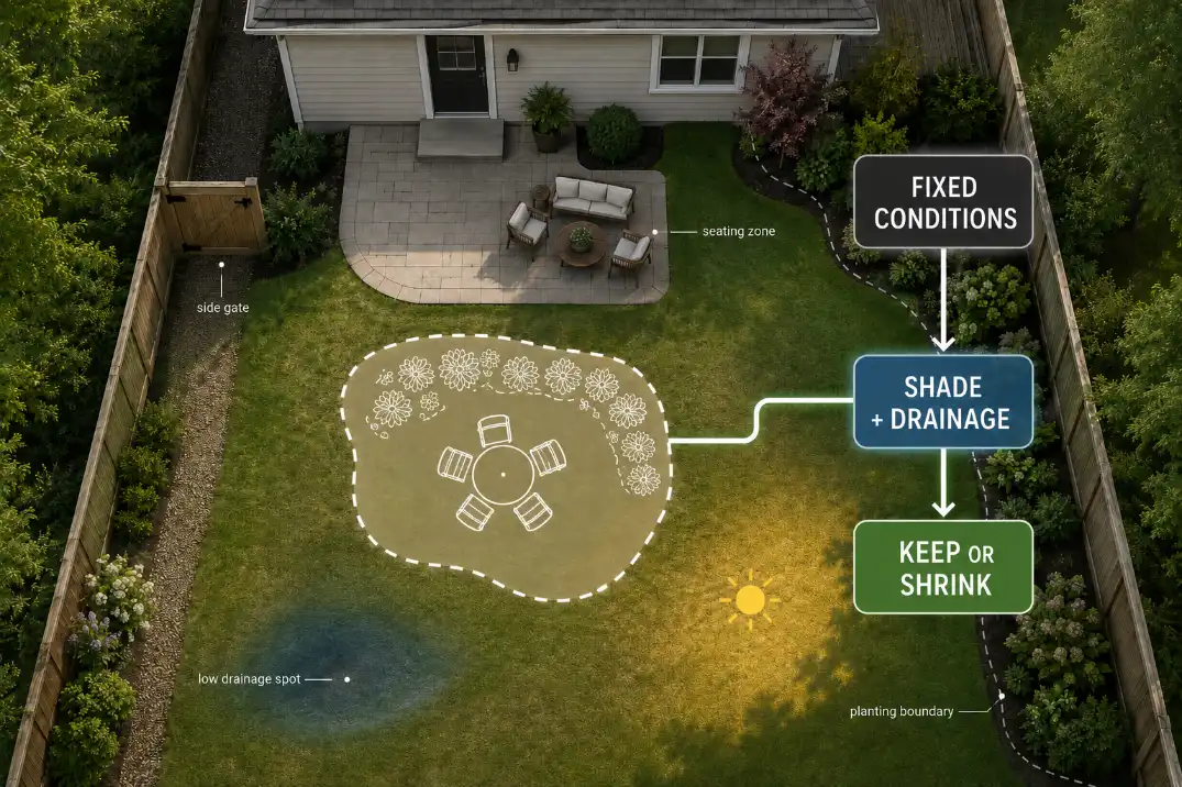 Backyard planning diagram showing fixed conditions, shade, drainage, seating, and planting checks before choosing a garden layout.