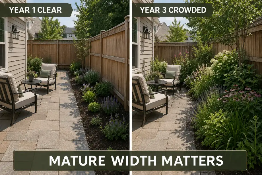 Comparison of young backyard border plants leaving a route clear versus mature plants crowding the walkway and seating edge.