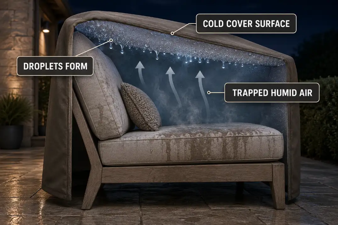 Side-view diagram showing humid air trapped under a patio furniture cover condensing into droplets on the cold underside.
