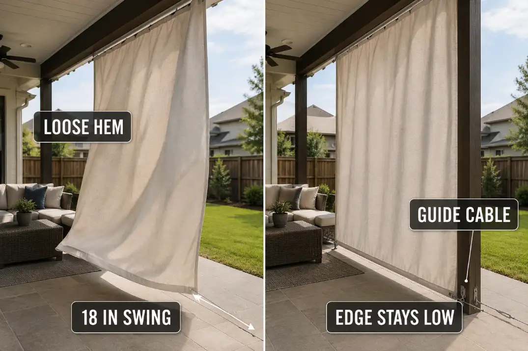 Comparison of a loose outdoor curtain hem swinging outward and a guide cable holding the curtain edge steady on a windy patio.