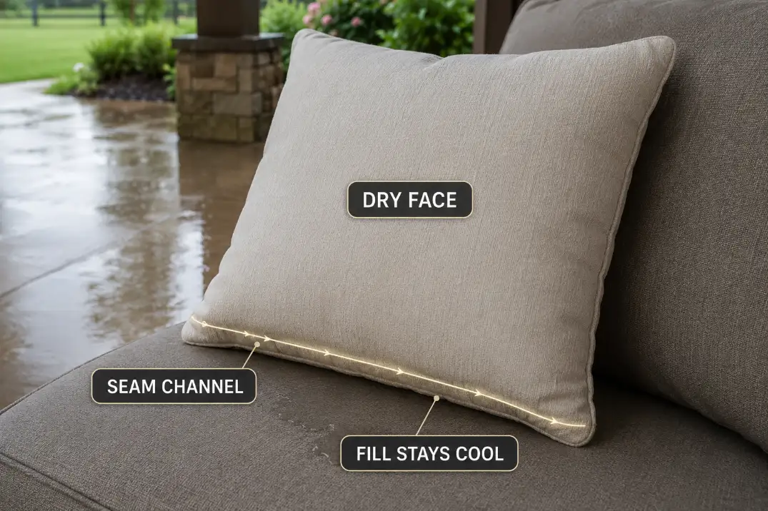 Outdoor patio pillow after rain showing a dry fabric face but moisture trapped along the lower seam and inside the fill.