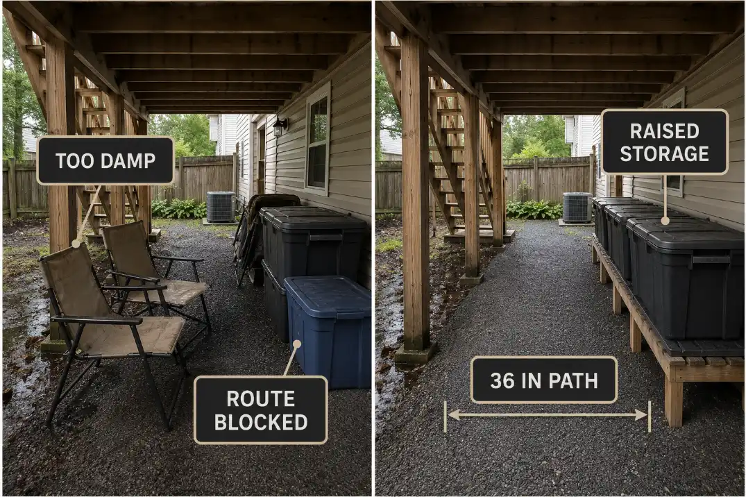 Under deck comparison showing damp seating that blocks the route versus raised storage with a clear 36 inch path.