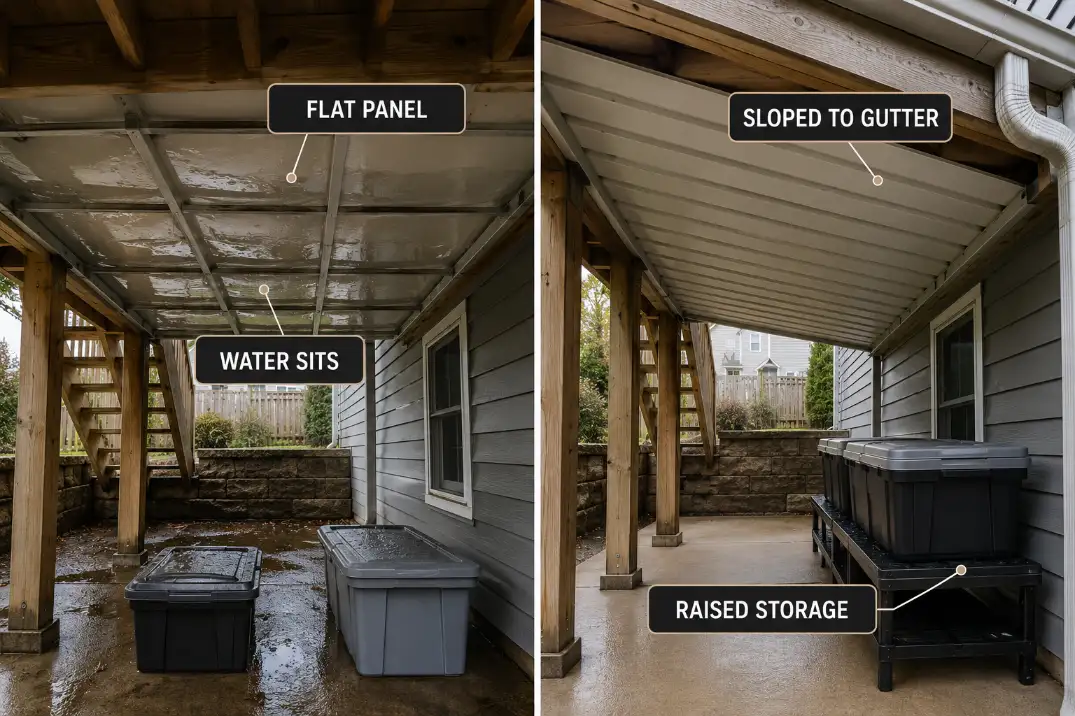 Flat under-deck panels holding water compared with sloped drainage panels sending water to a gutter above raised storage.