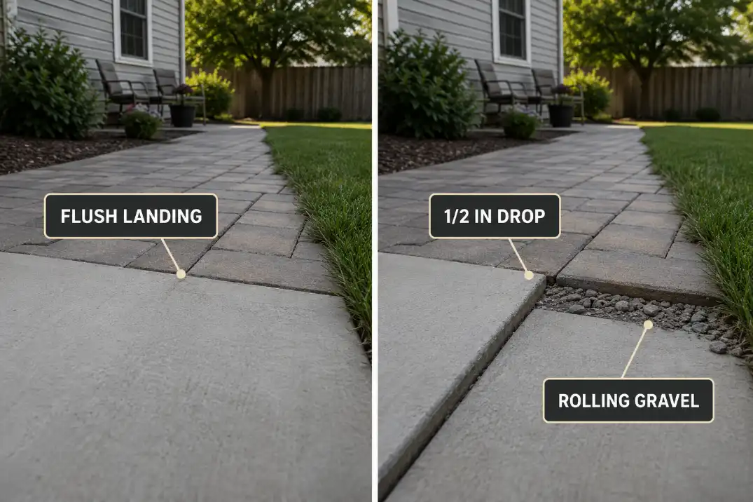 Comparison of a flush patio transition and a half inch drop with rolling gravel at an outdoor walking edge.